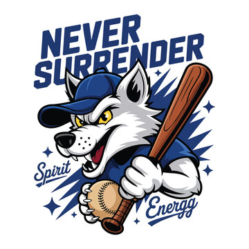 Never Surrender Husky Wolf Baseball Player Mascot Vector