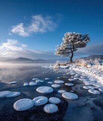 Vereister See mit schneebedecktem Baum und Eisformationen im Winter