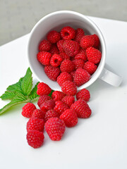 maliny w białym kubku, czerwone maliny, maliny z zielonym liściem, fresh raspberries in a cup, red raspberries, juicy raspberries with a green leaf, Rubus idaeus, rasberry view from above, białe tło © kateej