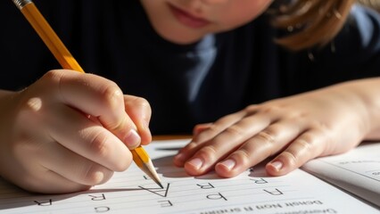 A child's hand learning to write the alphabet with a pencil.