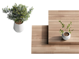 Two-level composite wood patio features potted plants placed atop. The design is suitable for outdoor spaces and landscaping projects. The background is transparent for easy integration