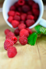 maliny w białym kubku, czerwone maliny rozsypane na drewnianym stole, maliny z zielonym liściem, red raspberries, juicy raspberries with a green leaf, Rubus idaeus, rasberry view from above, białe tło © kateej
