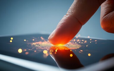 Biometric Fingerprint Scan with Glowing Blue Light Particles and Futuristic Digital Interface for Cybersecurity Concept