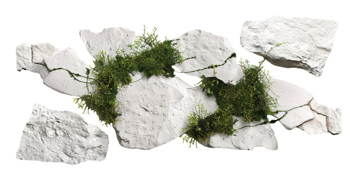 A winding garden path made of flagstone is covered with patches of moss. The elements are on a transparent background for simple layering in various designs. Ideal for landscaping themes