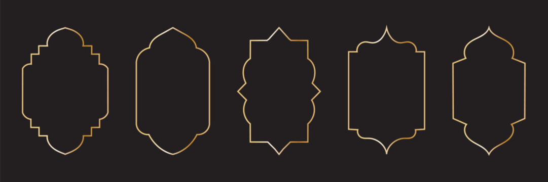 Old traditional islamic window shape set in oriental style. Black silhouette eid mubarak decorative frames, mosque borders, ramadan gates or arches. Arabic muslim bagdes, architecture design elements
