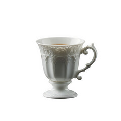 Ornate white ceramic teacup with floral design on transparent background