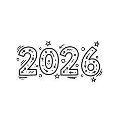 Hand drawn illustration of the year 2026 with decorative elements.