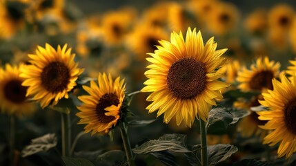 Fototapeta premium Yellow sunflowers in full bloom with bright petals basking in golden light symbolize warmth, vitality, and natural beauty. 