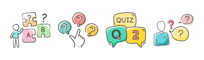 Hand drawn quiz and question mark icons with people and puzzle pieces © SulaimanIslam