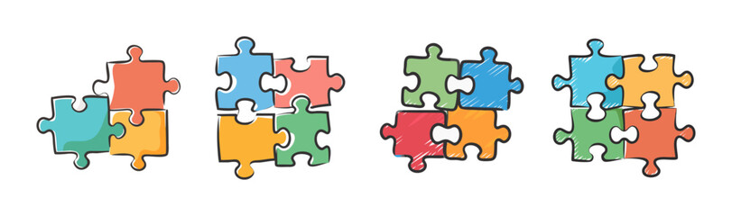 Fototapeta premium Four sets of colorful hand-drawn jigsaw puzzle pieces connecting together.