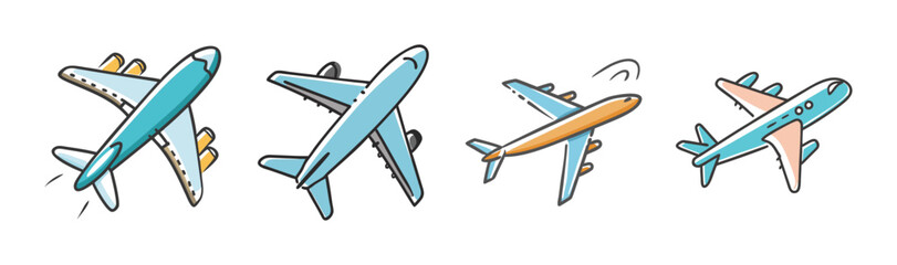 Collection of diverse cartoon airplanes illustrating various flight positions and styles for travel and aviation themes © SulaimanIslam