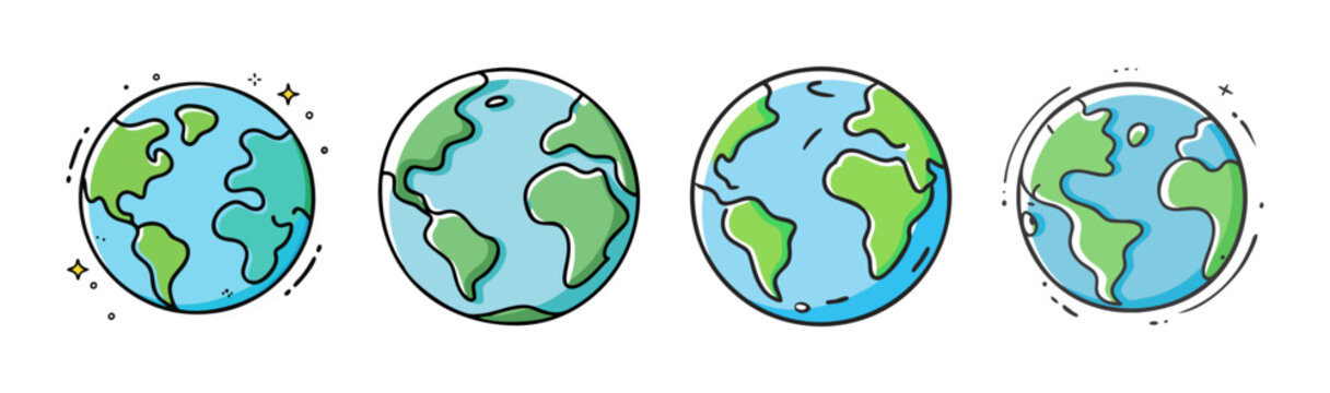 Cartoon earth globes collection showcasing various hand-drawn styles of our planet