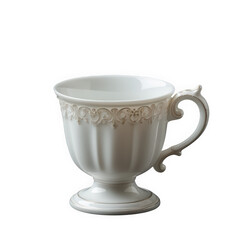 Elegant white ceramic tea cup with gold filigree design on transparent background
