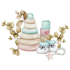 Watercolor composition with children's toys and accessories for a newborn, decorated with eucalyptus. Scandinavian, boho, and retro. Perfect for a baby shower, birthday, children's party, or birth. 
