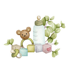 Watercolor composition with children's toys and accessories for a newborn, decorated with eucalyptus. Scandinavian, boho, and retro. Perfect for a baby shower, birthday, children's party, or birth. 
