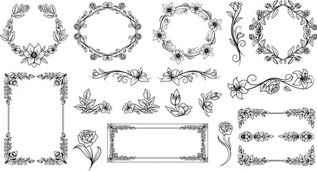Fototapeta premium Elegant Black and White Floral Frames and Decorative Elements for Invitations, Scrapbooking, Greeting Cards, and Graphic Design Projects