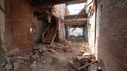 Fototapeta premium The interior of a collapsed brick building with exposed spaces illustrates structural failure, destruction, and post-disaster impact. 