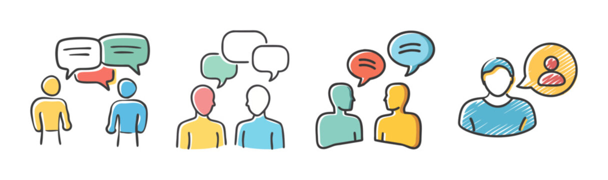 Diverse human interactions and communication styles illustrated with simple colorful figures and speech bubbles