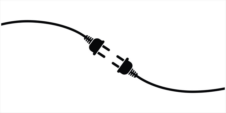 Black electrical plugs and cables on a white background symbolizing connection and disconnection power cord