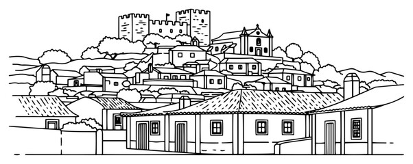 Old European town skyline with hilltop castle vector drawing