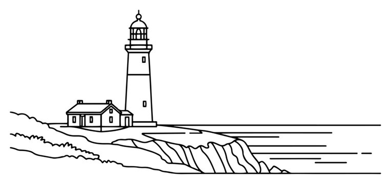 Lighthouse tower on cliff edge overlooking ocean horizon line art