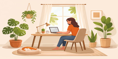 Fototapeta premium Work from home cozy interior flat illustration