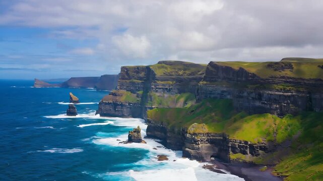 Aerial view of the majestic cliffs of moher with dramatic sea stacks and crashing atlantic ocean waves under a partly cloudy sky in county clare, ireland