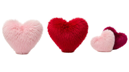 Three fuzzy heart shaped plush toys isolated on transparent background