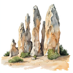 Groups of rocks forming pillars or sharp peaks rising high from the ground. 2D watercolor.