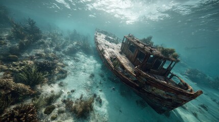 Obraz premium A submerged shipwreck resting underwater in the ocean depths illustrates maritime history, mystery, and the power of the sea. 