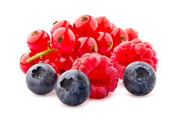 Red currant berries with raspberries and blueberries on White Background. Ripe berries isolated.