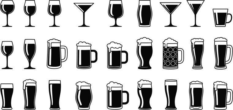 Collection of various beer glasses and cocktail glasses in black and white outline style wine glass martini glass
