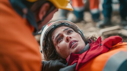 A woman receiving first aid assistance in an emergency situation highlights care, urgency, and medical intervention.
