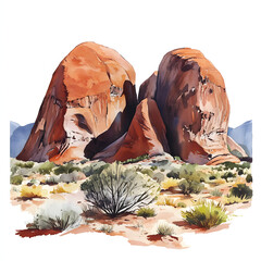 A group of large, reddish-orange rocks in a desert or arid landscape. (2D watercolor)