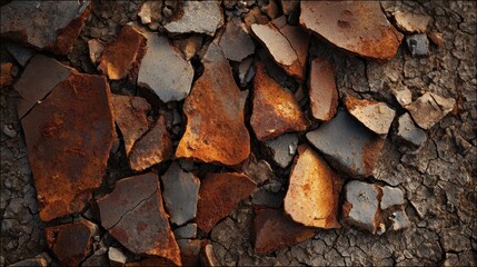 Rusty iron shards scattered across dry cracked earth highlight decay, industrial remnants, and harsh environmental conditions.
