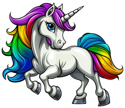 sch&ouml;nes Einhorn mit farbenfrohen Regenbogen Haaren in dynamischer Pose im Vektor Cartoon Style. Transparent und freigestellt. Generative Ai.