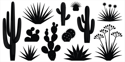 Diverse collection of desert plant silhouettes featuring various cacti and succulents Keywords: desert plants, cactus, prickly © Rasel