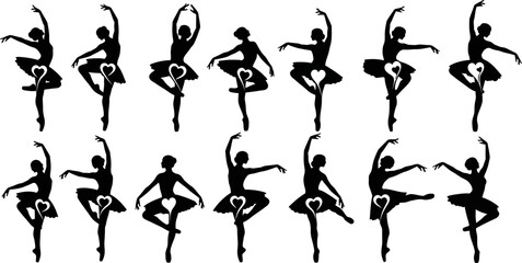 set of ballerinas in various dance poses with heart shapes on tutus © Afia