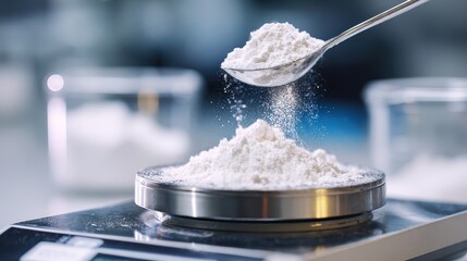 White powder being weighed on a laboratory analytical balance highlights precision, scientific measurement, and laboratory procedures.
