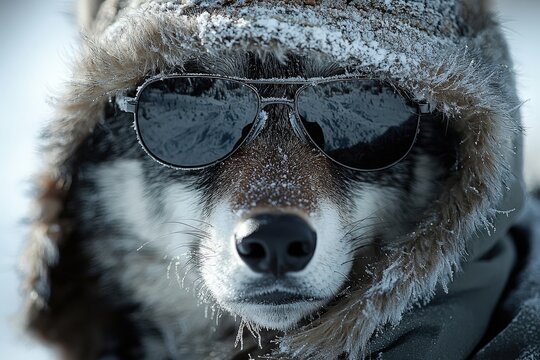 Cool raccoon in aviator sunglasses and winter parka with snowy fur hood in frosty outdoor setting
