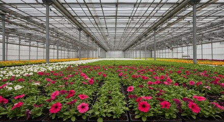 Vibrant annual petunia seedlings growing in cell trays within a large, modern, climate-controlled commercial greenhouse structure ,nursery ,flower ,horticulture