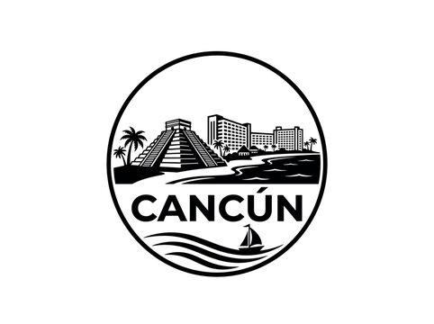 Cancun city of Mexico skyline emblem with landmarks