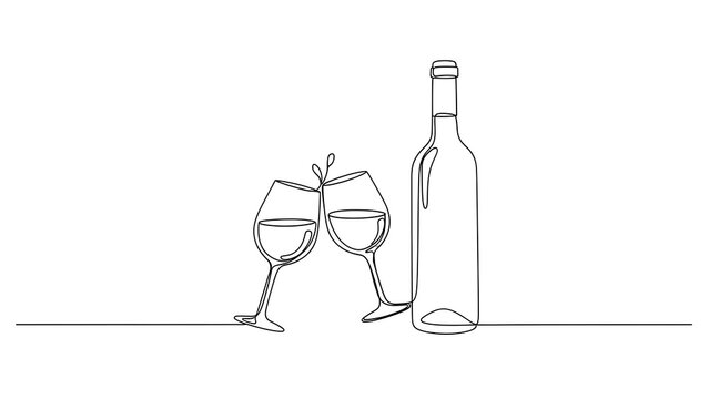Elegant continuous line drawing of a celebratory wine toast with a classic bottle