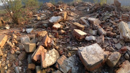 Obraz premium Piles of rubble and broken bricks scattered across uneven ground, representing destruction, decay, and the aftermath of construction or collapse. 
