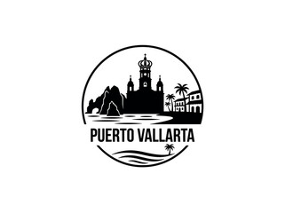 Obraz premium Puerto Vallarta city of Mexico skyline emblem with landmarks