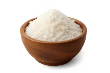 White powder ingredient in wooden bowl, natural seasoning for food preparation, transparent background