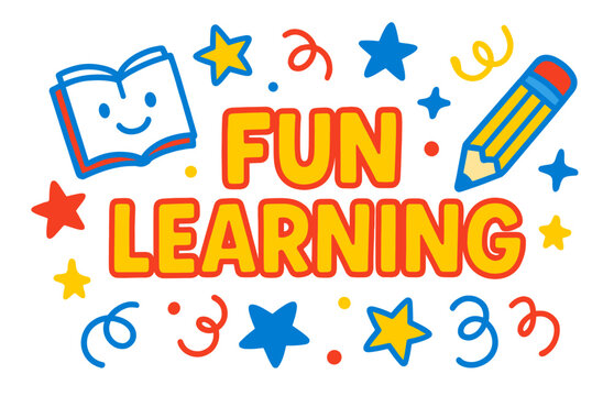 Colorful design encouraging fun learning with smiling book and pencil - Powered by Adobe