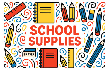 Colorful school supplies with notebooks pencils and erasers