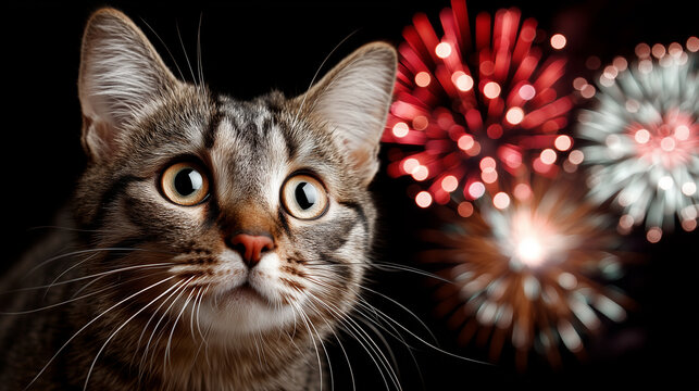 frightened cat with firework in the background