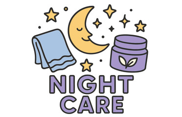 Night care routine with moon, stars, towel, and skincare jar